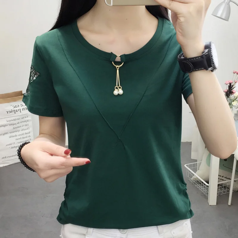 

2019 Summer Harajuku New Fashion Women Cotton Casual Short Sleeve Hollow Out T-Shirt Lady Plus Size Tees Office O-Neck Tee Top