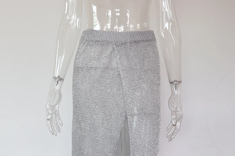 Beyprern Casual Metallic Solid Rose Gold Ankle Length Skirt New Summer Women Silver High Quality Hollow Out Beach Wear | Женская одежда