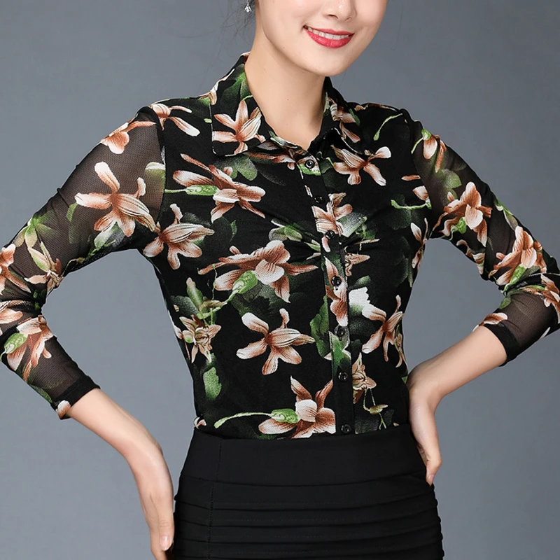 Spring Fall Fashion Office Ladies Womens  Long Sleeve Stretch Floral Print Mesh Tops And Blouses ,  Top Blouse Shirt For Women