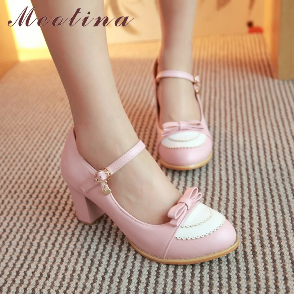 

Meotina Mary Jane Shoes Women High Heels Pumps Big Size 9 45 Bow Shoes Thick High Heel Casual Ladies Pumps Pink chaussures femme