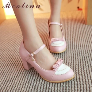 Туфли Meotina женские на высоком каблуке, туфли-лодочки, повседневная обувь с бантом, на толстом высоком каблуке, розовые, большие размеры 9 45
