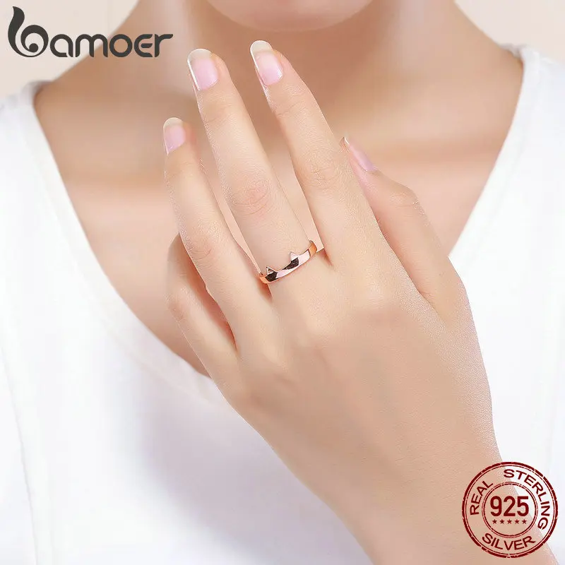 BAMOER, 925 пробы, серебряные кошачьи уши, розовое золото, в форме ушей животных, открытые, в форме лапы, кольца на палец, вечерние, свадебные ювелирные изделия, SCR387-3