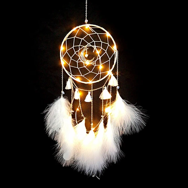 Белый Dream Catcher DIY Home decoration Handmade led Lighting Moon Design Feather Craft Hanging Dream Catcher for Kids girls room Gift - Цвет: Белый