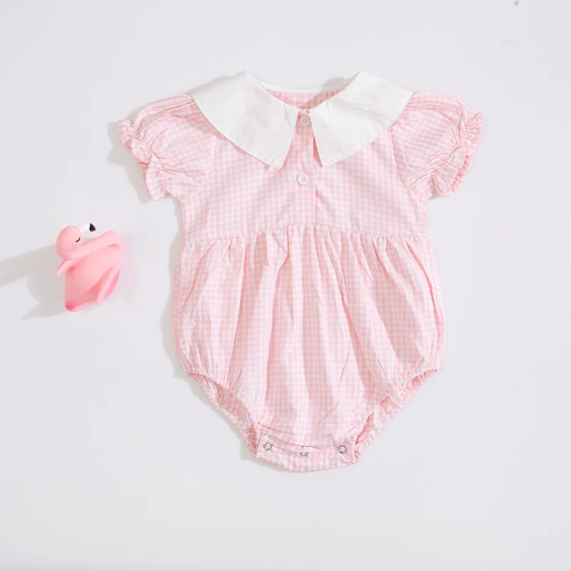 Baby Girl's Short Sleeve Plaids Design 100% Cotton Casual Pink Rompers Triangle Spring Summer Bebi Set | Детская одежда и
