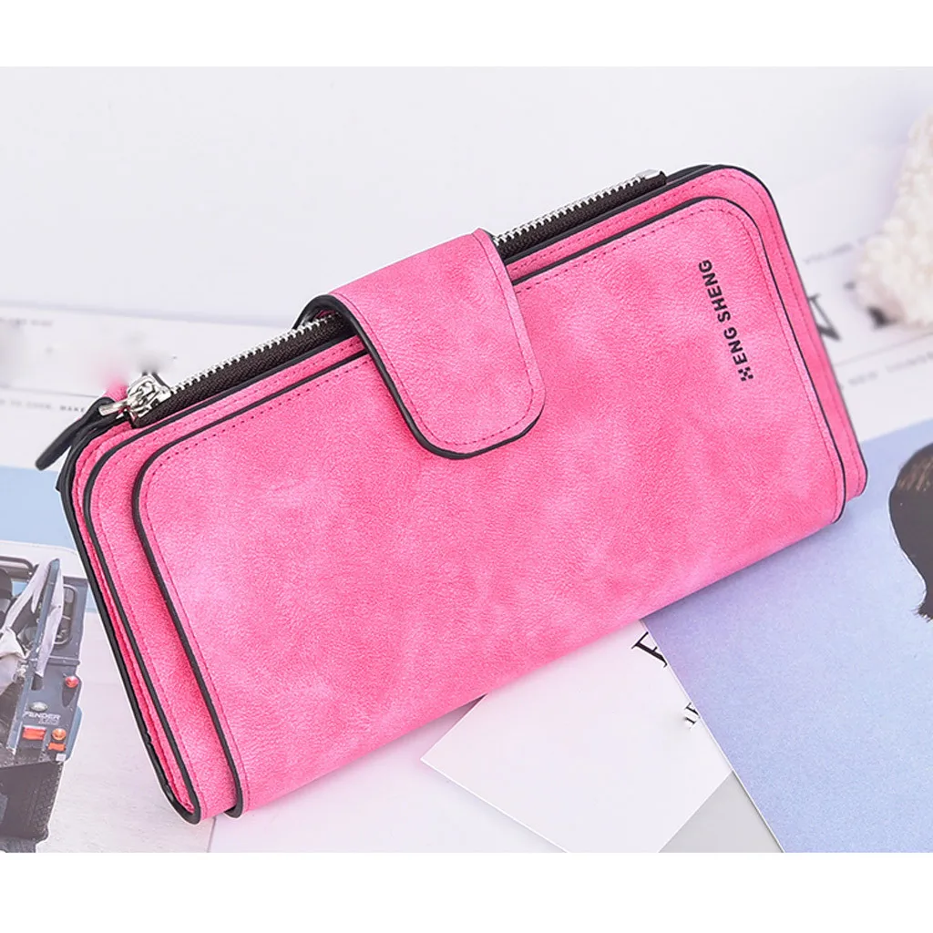 Модные женские бумажники одноцветные матовые длинные секционные три сложения