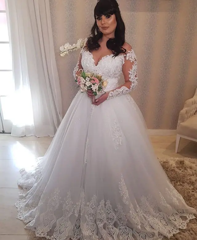 

Vestido De Noiva New Mordern A Line Wedding Dress Lace Applique Off Shoulder Sweep Train Sweetheart Long Sleeve Vestido Longo