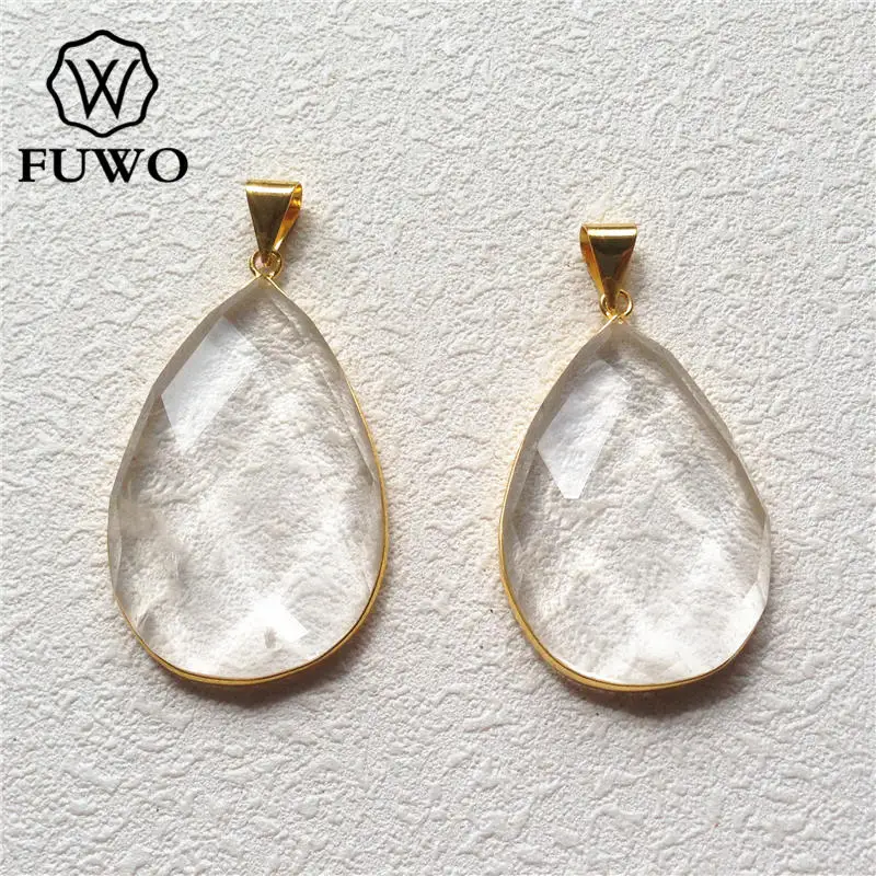 

FUWO Fashion Faceted Clear Quartz Pendant With 24K Gold Electroplated Brass Bezel Waterdrop Crystal For Women Jewelry Make PD205
