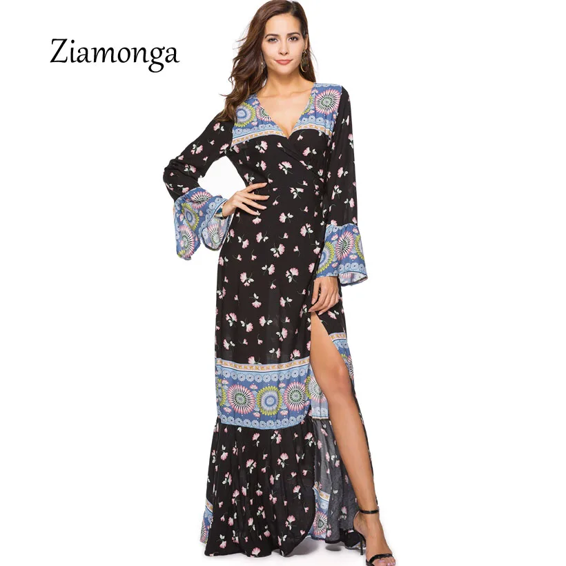 Ziamonga осеннее платье с глубоким V образным вырезом и цветочным принтом женское