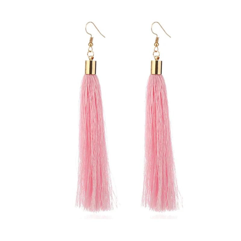 pink Винтажные этнические длинные висячие серьги с кисточками для женщин, женские модные богемные серьги из белого и красного шелка, индийские ювелирные изделия - Окраска металла: pink