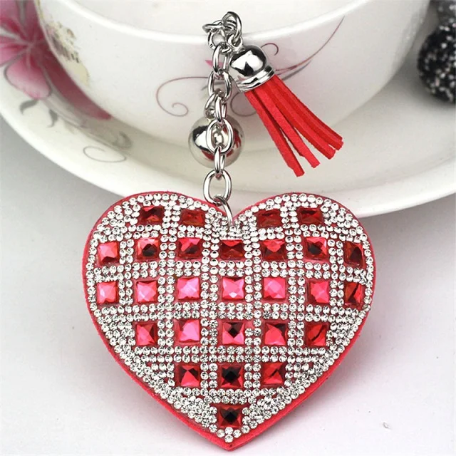 5 Fashion Keychain Heart Shape Female Full Glass Beads Key Covers Mosaic Leather Fringed Key Chain Car Ring Cap Gift - Color: 5