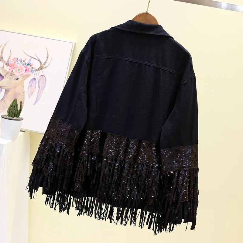 Женская джинсовая куртка с блестками [EWQ] черная Свободная длинными рукавами и