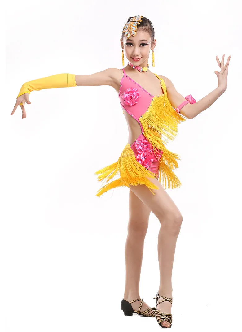 Детское латиноамериканское платье для выступлений 2017 года с блестками, кисточками и перьями, девочки юбки с перчатками.