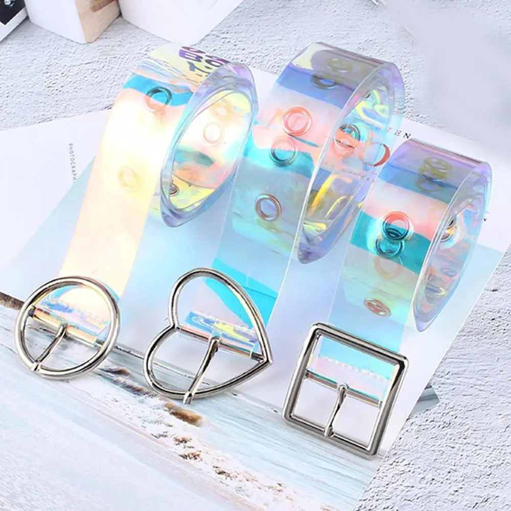 New Laser Women Belt Holographic Clear Waist Belt Metal Pin Buckle  Transparent Waist Belts for Women Belt Waistband 90cm-120cm