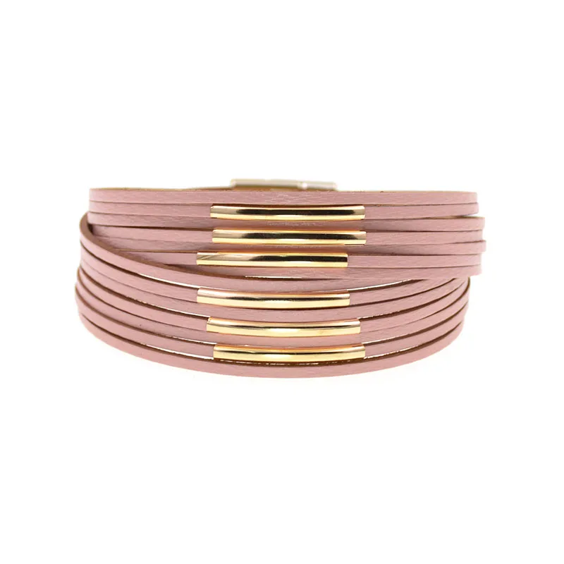 pink WELLMORE 10 Colors Fashion copper pipe charm Leather Bracelets For Women Men's wrap Bracelets Couples fashion Jewelry wholesale - Окраска металла: pink