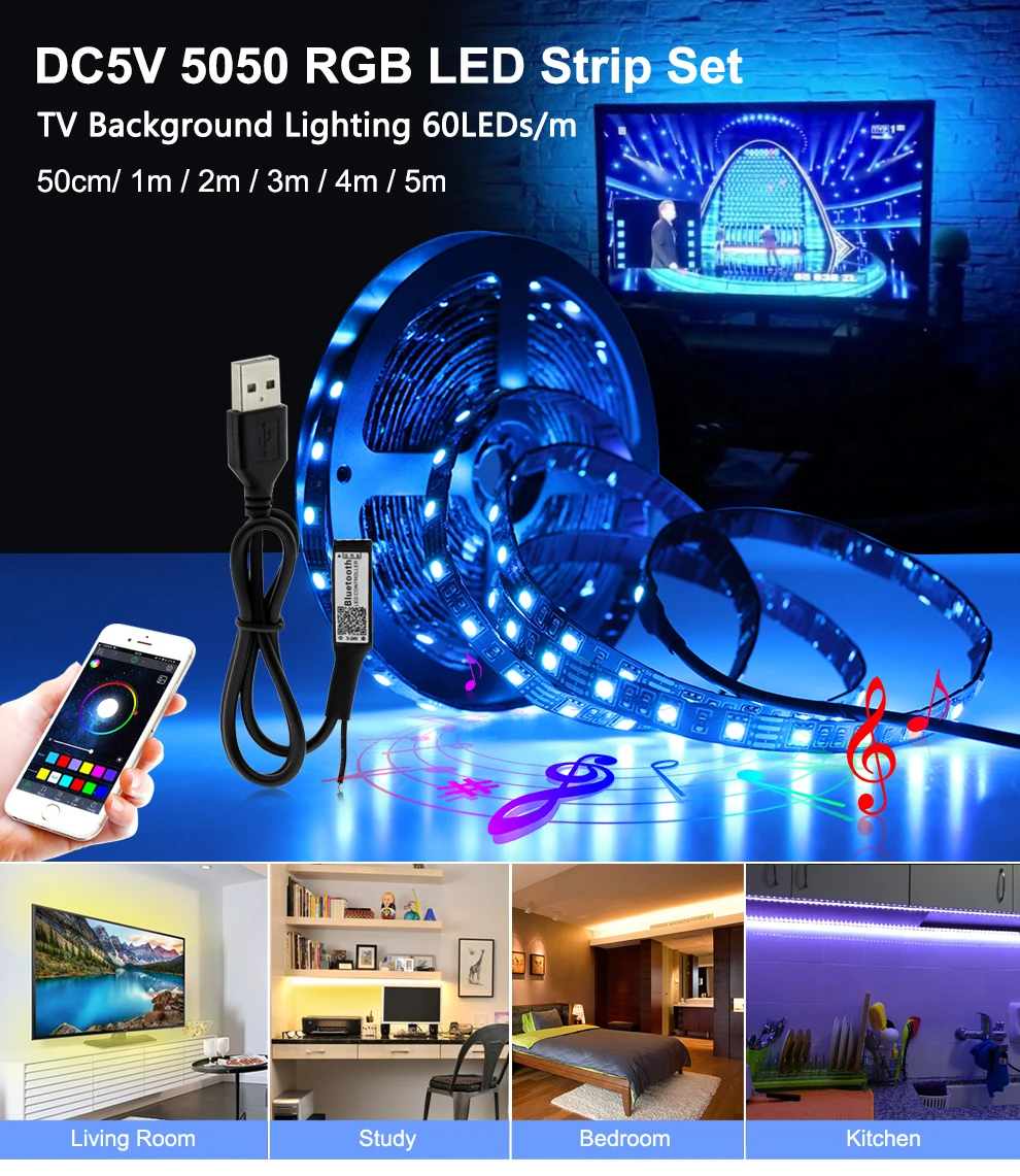 USB Светодиодная лента RGB сменный светодиодный фоновый светильник ing 50 см 1 м 2 м 3 м 4 м 5 м DIY 5 в гибкий светодиодный светильник лента RGB Светодиодная лента 5050