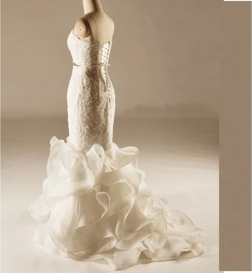 Newest Ruffled Trains Mermiad Wedding Dresses Beading Sash Vintage Lace Bridal Gowns Strapless vestidos de noiva | Свадьбы и