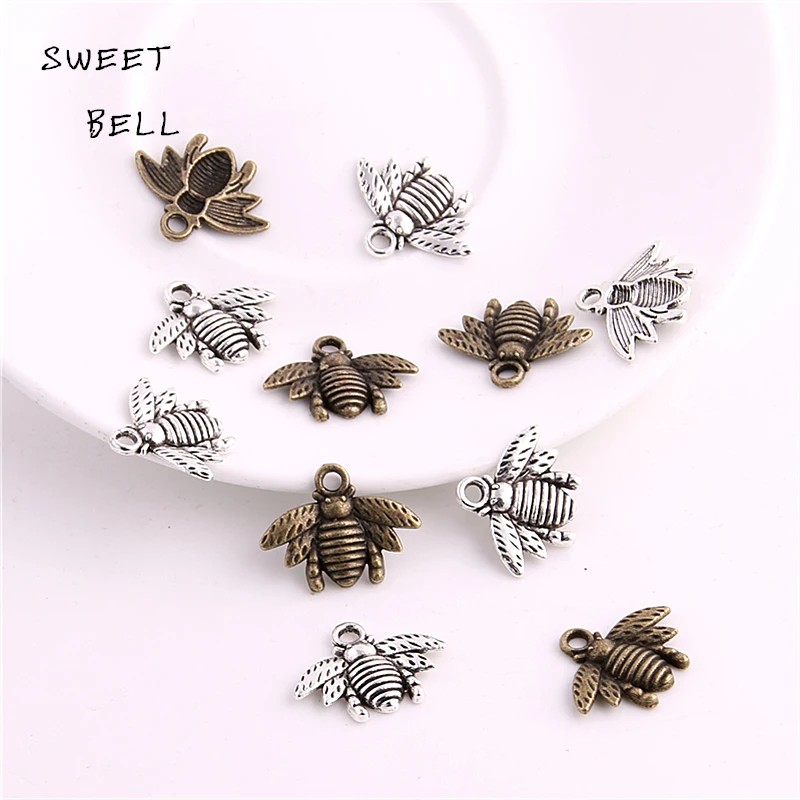 

SWEET BELL 50pcs 16*21mm Zinc Alloy Two color Bee charms Lovely Bee Honey bee Charm Pendant Fit Diy Jewelry Making 3C448
