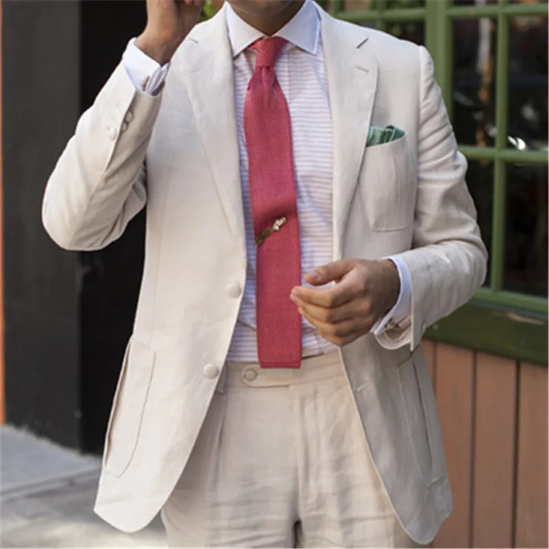 Белый льняной мужской костюм для свадьбы из 2 предметов (пиджак + брюки галстук)
