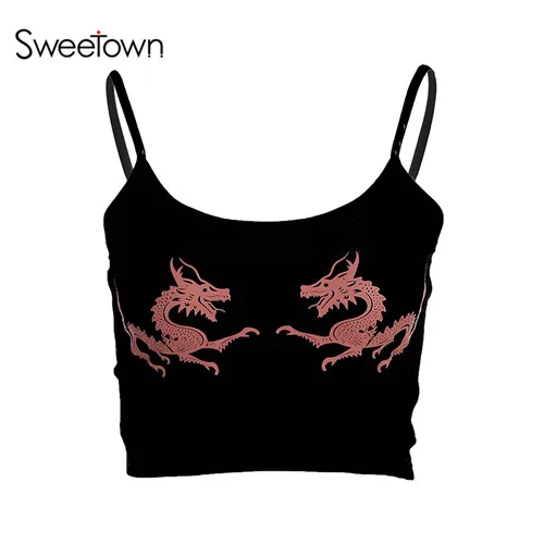 black Sweetown, женский сексуальный укороченный топ,, обрезанный, Женский Топ с двойным драконом, без рукавов, Feminino Bralette, модная майка - Цвет: black