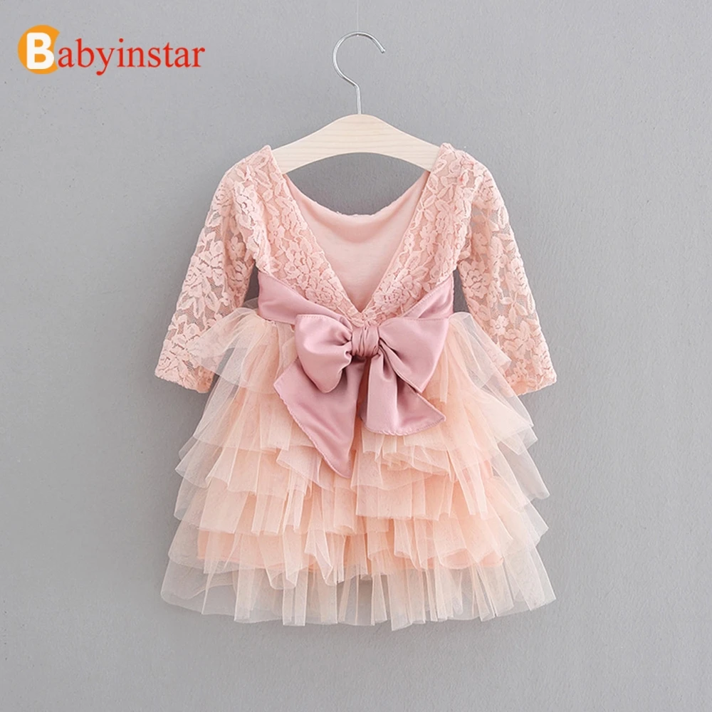 Babyinstar Baby Girls Princess Dress 2019 Full Sleeve Kids Lace Patchwork Mesh Party Toddler Big Bow Dresses for | Детская одежда и