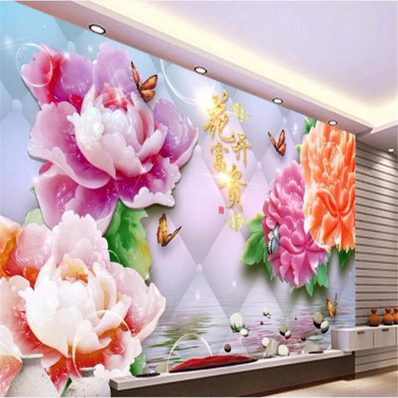 

beibehang custom mural silk cloth wall sticker 3 d riches and honor peony water rocks painting photo 3d wall murals wallpaper