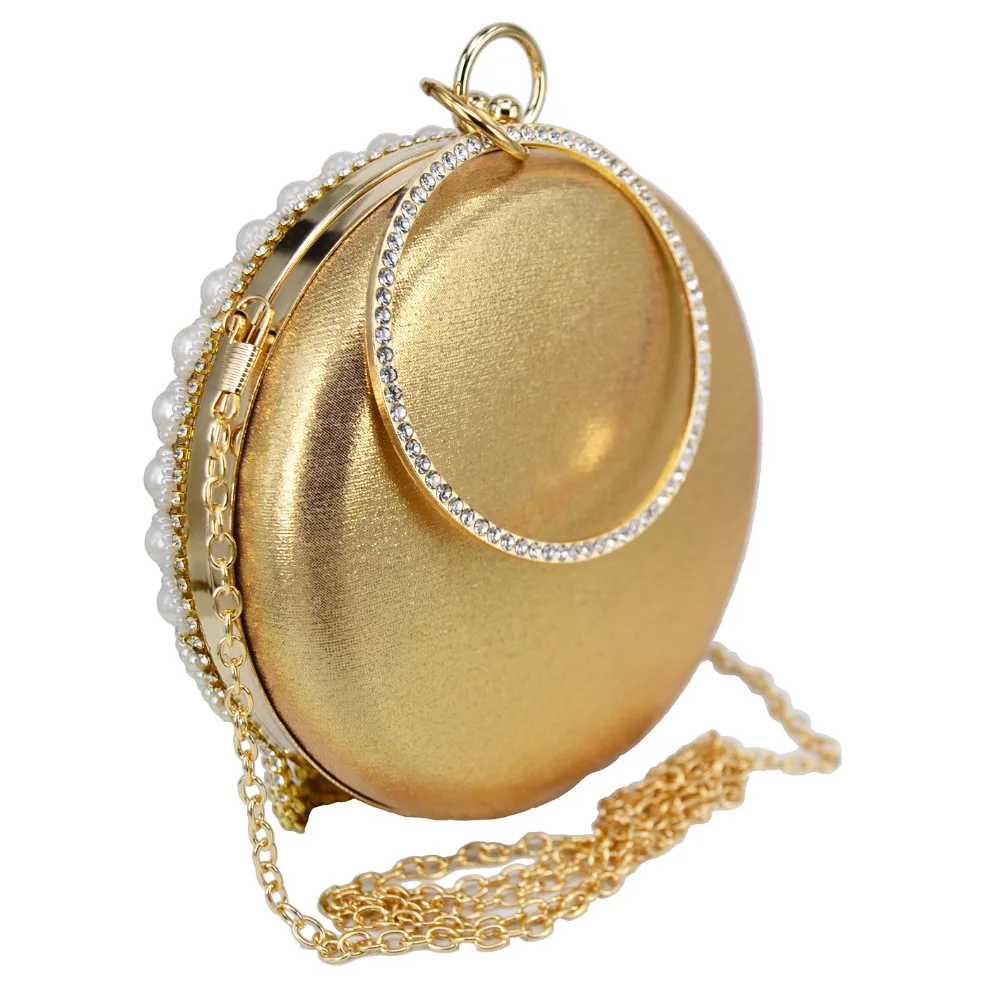 Модная круглая Золотая Серебряная Женская вечерняя сумка с жемчужинами и