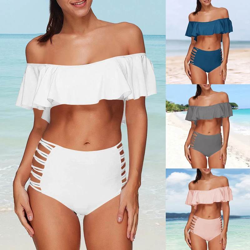 Пикантный женский брендовый бикини купальник с оборками на плечах без бретелек