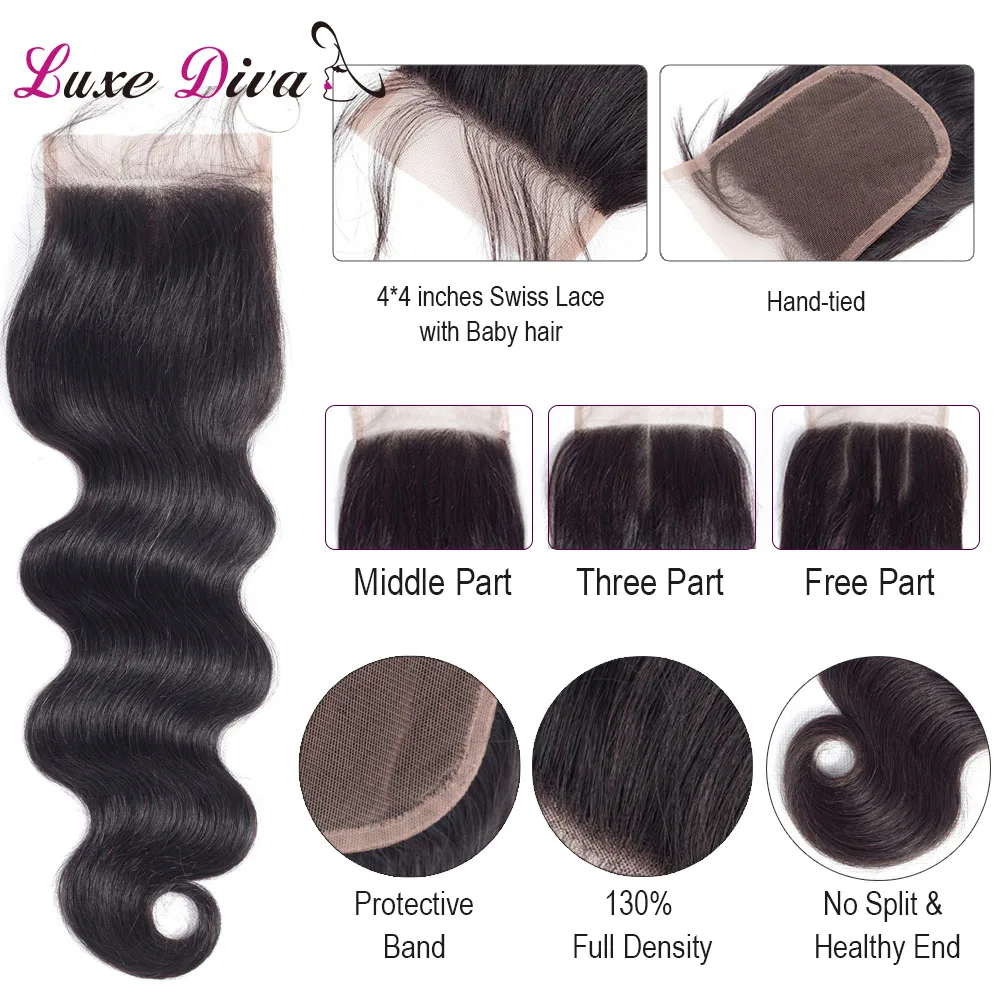 LUXE DIVA бразильское тело волна Кружева Закрытие 1 шт. натуральный цвет 8-20 дюймов 4*4