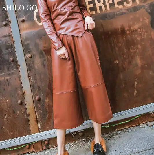 1 SHILO GO кожаные брюки женские летние модные овчины штаны из натуральной кожи с высокой талией в сдержанном стиле коричневые широкие брюки - Цвет: 1