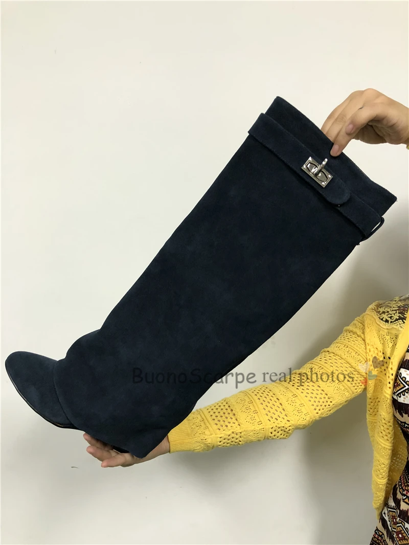 Buono Scarpe/женские ботинки черного цвета с замочком акулы; ботинки из натуральной кожи с высоким голенищем; брендовые дизайнерские ботинки на танкетке и высоком каблуке; Botas Mujer; шикарные ботинки; коллекция года