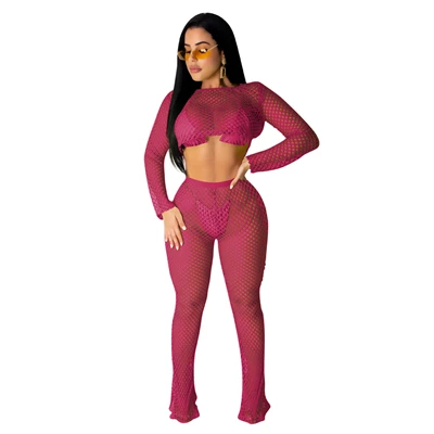 red two piece set Adogirl, комплект из двух предметов в сеточку, женский летний пляжный костюм, короткий топ с длинным рукавом+ прямые штаны, сексуальная клубная одежда, спортивный костюм - Цвет: red two piece set