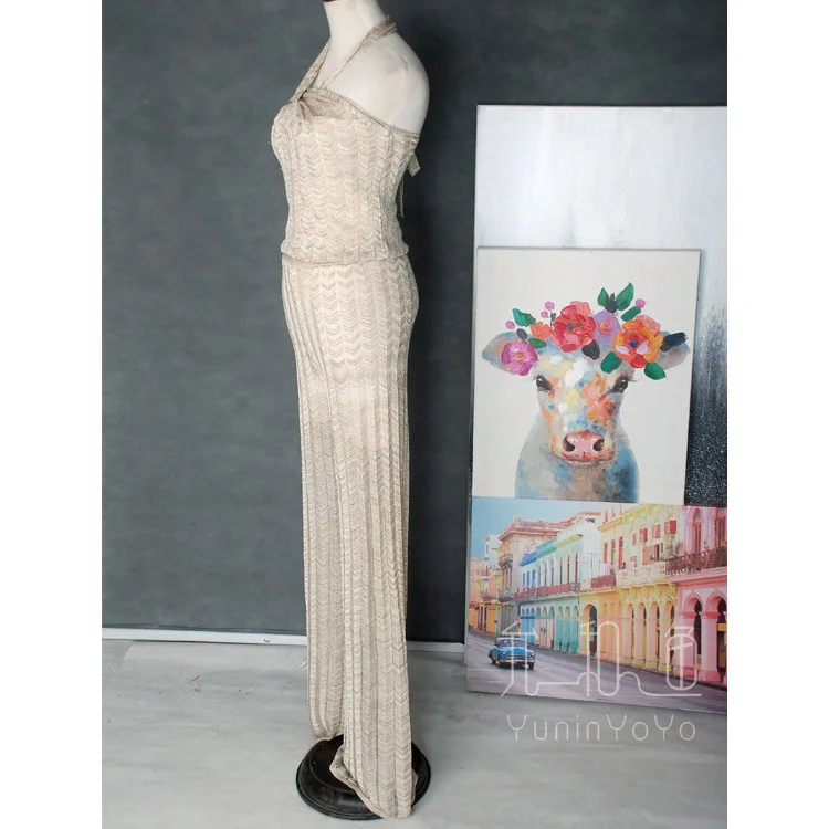 YUNINYOYO  High-grade glittering golden metal wire Perspective neck-tied corrugated knitted women long pants with lining summer