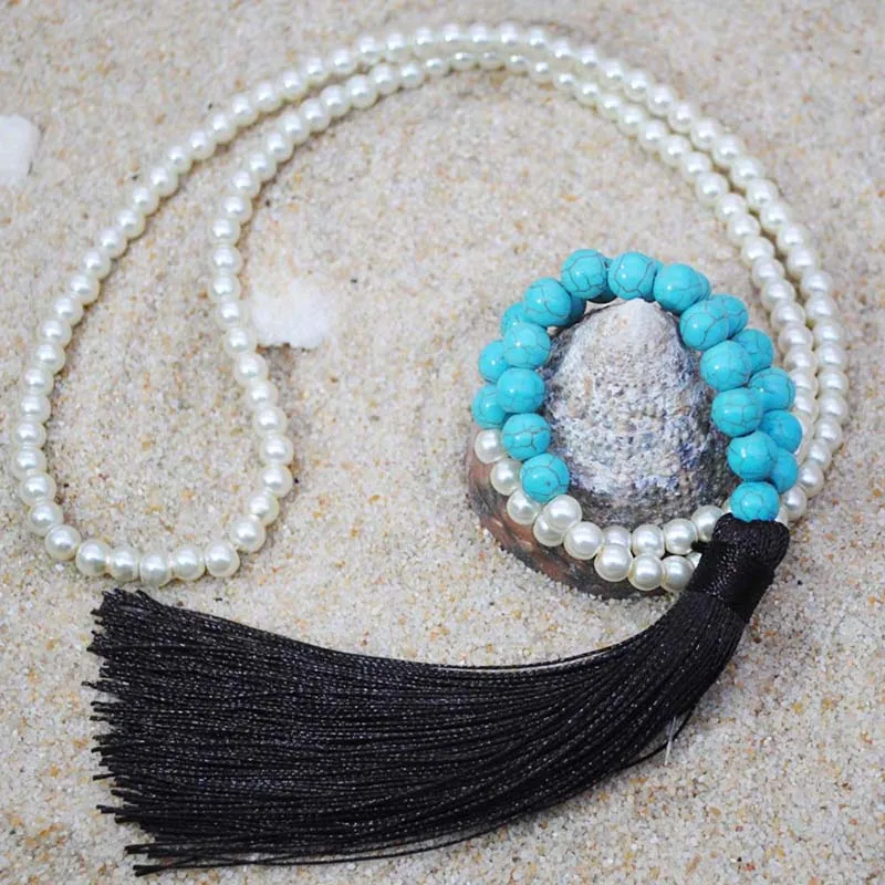 Yumfeel Brand New Long Beaded Tassel Necklace 18 Colors Natural Stone Necklace Women Jewelry Gifts Beach Crystal Quartz - Окраска металла: Blue re-turquoise