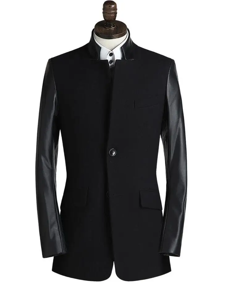 

Splice casual suit stand collar woolen coat men trench coats overcoat mens cashmere coat long leather sleeves england black 3XL
