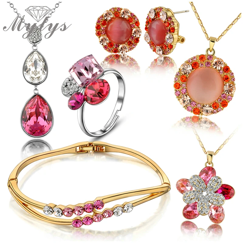 

Mytys Full Jewelry Sets Crystal Pendant 3 Necklace 1 Bangle 1 Ring and 1Pair Earrings Romantic Jewelry Sets for Women N415