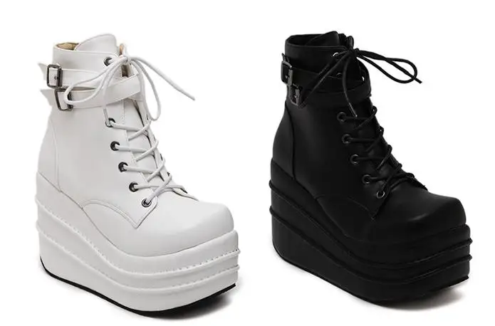 Размеры 35-42; Botas Mujer Plataforma; коллекция года; зимние женские ботинки; белые ботинки на высокой танкетке в стиле панк; ботинки на танкетке со шнуровкой
