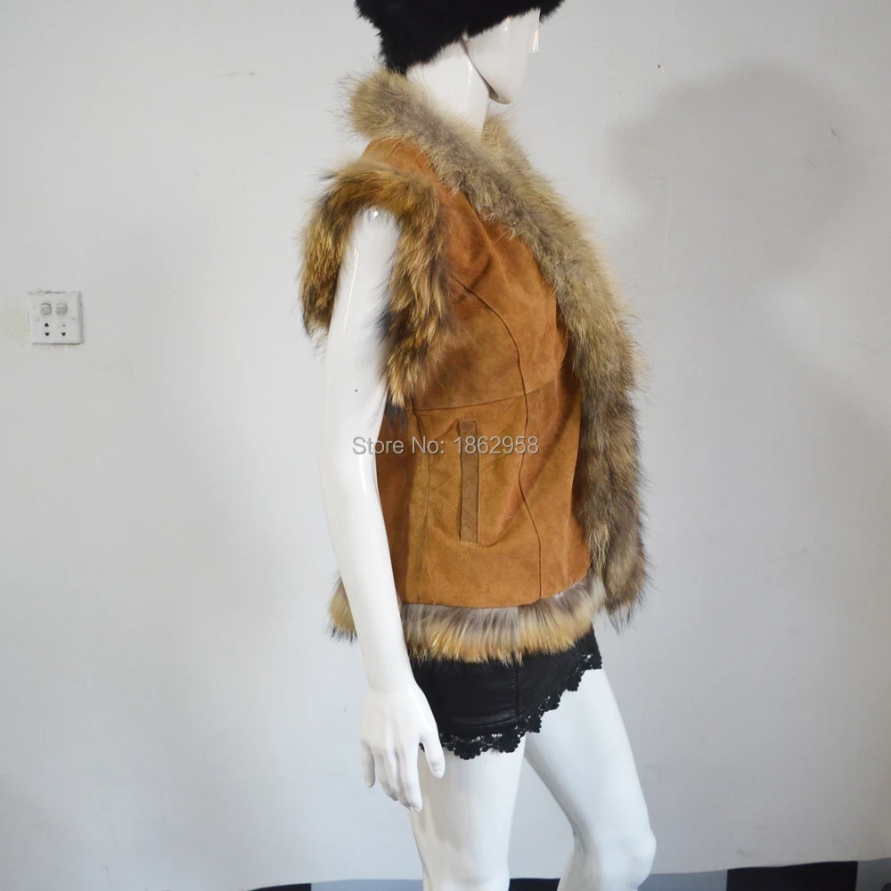 SJ185 Новая мода Свинья замша с мех енота/горячая Распродажа Модные женские Gilets
