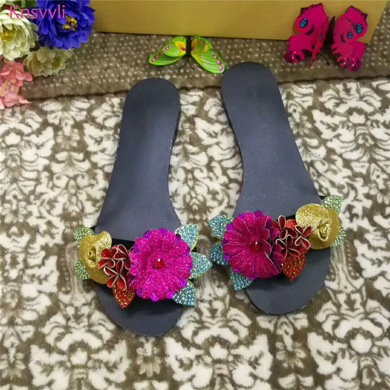 Knsvvli New Sequins Flowers Decorate Flat Slippers Women Casual Comfort Summer Beach vacation Mules Shoes Women