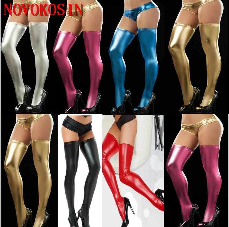 

KH13 Lady Pole Dance Stocking 2018 Faux leather Clubwear Micro Mini Latex Silver Gold Blue Women Stockings Thigh with G String