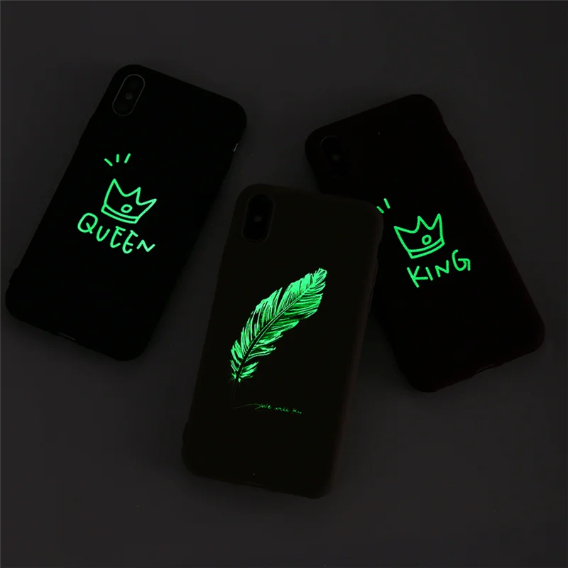 Moskado, мягкий светящийся чехол для телефона s, для iphone 6, 6 S, 7, 8 Plus, XS Max, XR, X, силиконовый чехол для задней панели KING QUEEN, Feather, Love Heart