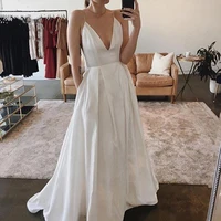 spaghetti straps v neck wedding dresses a line open back sweep train sleeveless formal bridal dress with pocket vestido de noiva