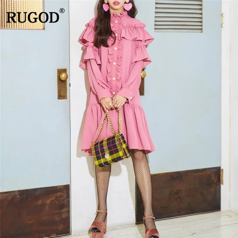 RUGOD Новое Женское платье рыбий хвост creased Кружевной Край однобортный розовое для