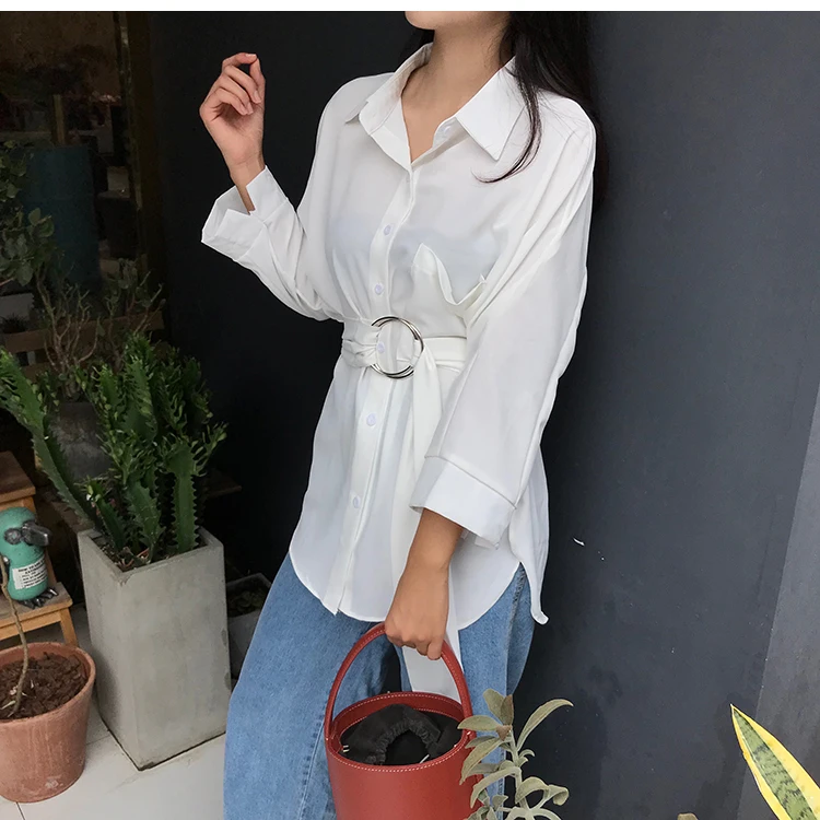 For Women Long Blouses Autumn Springcasual Buttons Women's Elegant Lace-Up Equipped Waist Retro Tops |