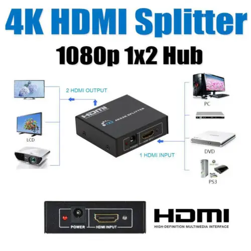 HDMI сплиттер 1In 2 Out Full HD 1080p видео переключатель для HDCP HDTV DVD PS3 с кабелем питания
