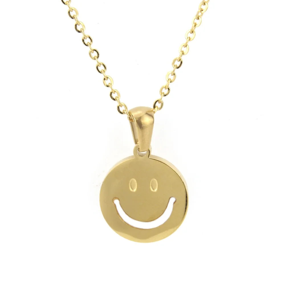 Sunarry Gold Color Stainless Steel Smile Face White Shell And Crystal Pendant Necklaces Women's Fashion Jewelry Colar Feminina |