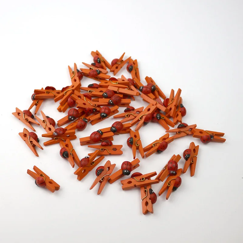 Orange Clips 50 шт. милые божья коровка Деревянные Мини-зажимы вечерние Декор DIY ремесло искусство цветные колышки милые маленькие Пружинные зажимы бумага для заметок фото зажимы - Цвет: Orange Clips