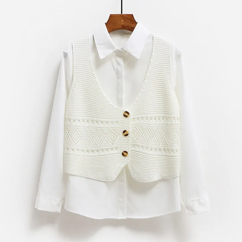 Асимметричный вязаный жилет с цветочным узором и v образным вырезом Осенний