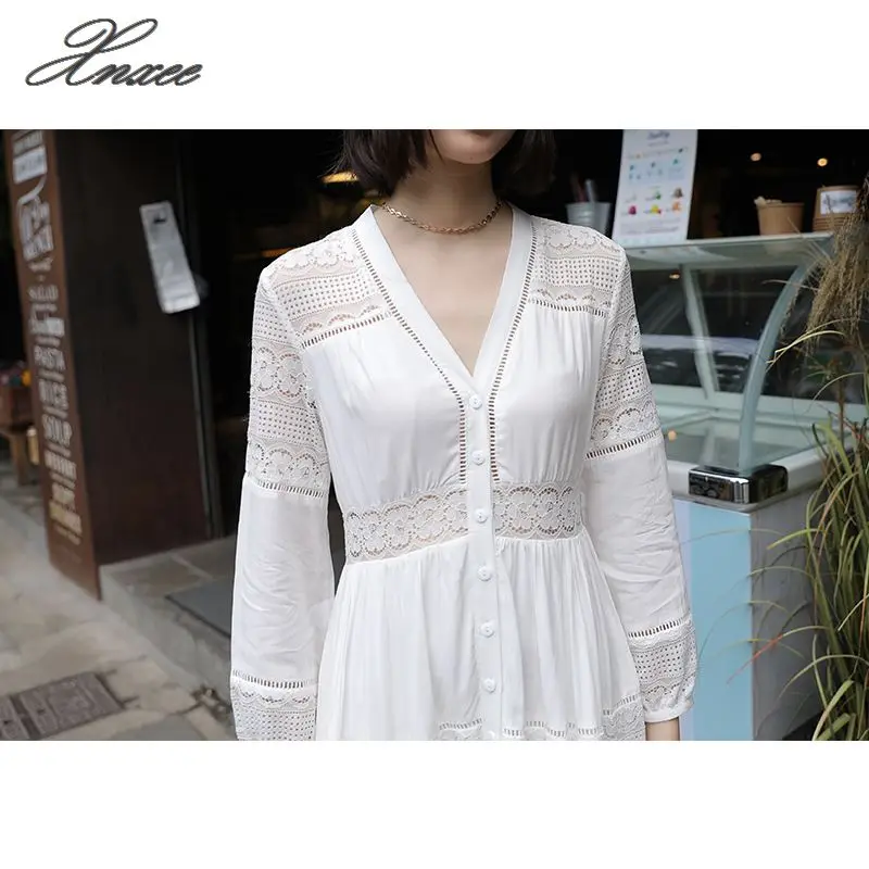 

2020 summer new women's lace stitching white seven-point sleeve dress