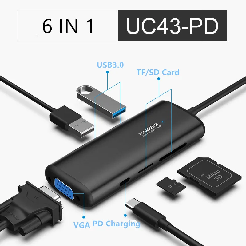 UC43-PD Хагбис тип-c концентратор Многофункциональный USB 3,0 концентратор USB C к HDMI/VGA/AUX/RJ45/SD/TF кард-ридер/PD зарядный адаптер для MacBook PC - Цвет: UC43-PD