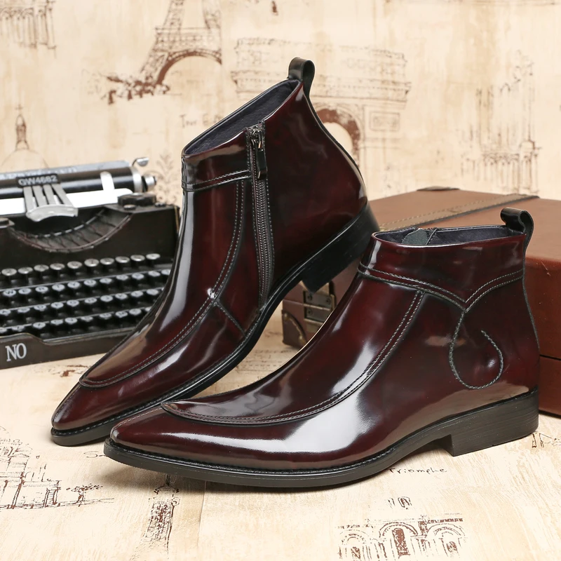 Мужские ботинки из лакированной кожи осенне зимняя обувь с острым носком